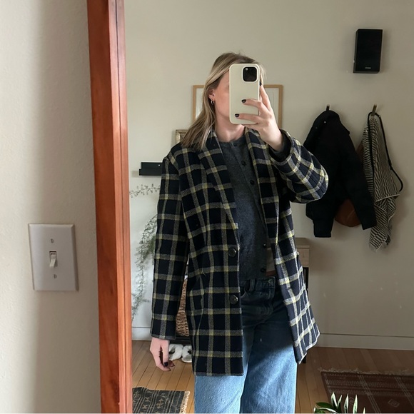 Derek Lam 10 Crosby Plaid Cocoon Coat Women's 4 Navy and Yellow Wool Blend Lined - Picture 10 of 12